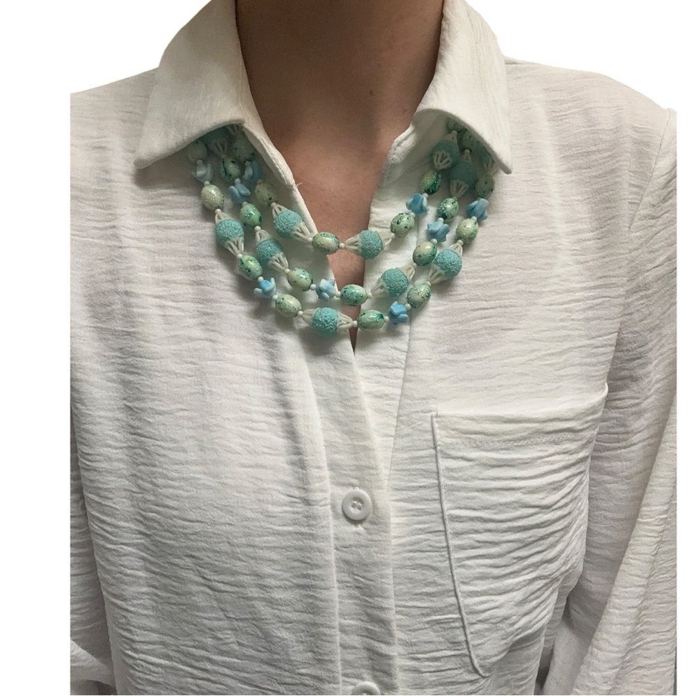 VTG Aquamarine Three Strand Beaded Necklace Statement Fashion Jewelry